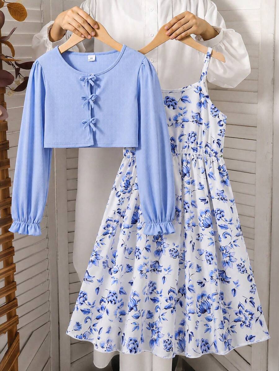 SHEIN 2pcs/Set Girls' Spring/Autumn Casual Rib-Knit Bow Decor Open Front Cardigan Top And Printed Camisole Simple Dress - Blue - View 1