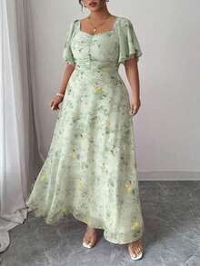 Modelyn Plus Size Women's Chiffon Butterfly Print Batwing Sleeve Ruched Summer Sweet French Style Dress - Mist Green - View 7