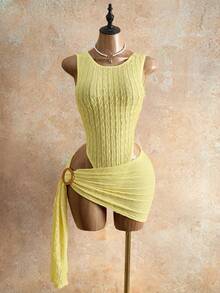 Mistrie Ensemble 2 pièces pour femme avec body sans manches à volants et jupe courte boutonnée - Jaune clair - Voir 7