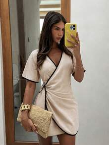 Siren Gaze Summer Women Tie Waist Hem Mini Dress With Short Piping Black Sleeves Y2k Boho Vacation Holiday Cinched Waist Peplum Elegant Beige Fitted V-Neck - Apricot - View 5