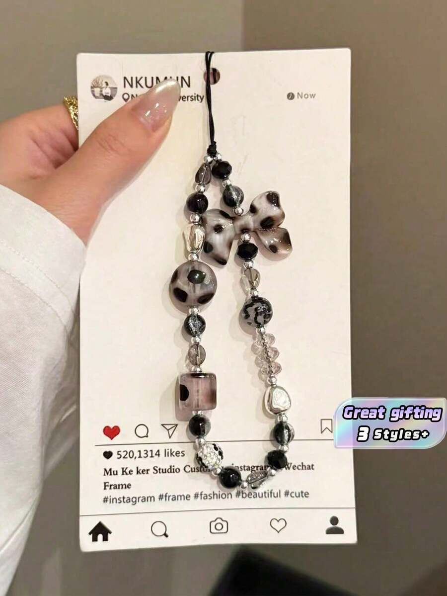 1件豹纹蝴蝶结装饰手机挂绳手工串珠手机吊坠挂绳防丢链包包挂饰钥匙扣兼容苹果iPod Pro蓝牙耳机盒秋冬礼物 - 彩色 - 查看 1