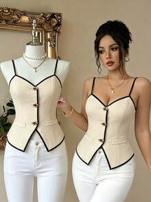 Fine & Folde New V-Neck Camisole With Water Drop Buttons, Versatile Commuter Style Hot Girl Women's Tank Top - Beige - View 5