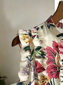 SHEIN Franclia Women's Floral Pattern Frill Trim Single-Breasted Shirt, Suitable For Summer, Spring, Easter, Festivals, Parties, Beach Weddings, Graduations - Multicolor - View 3