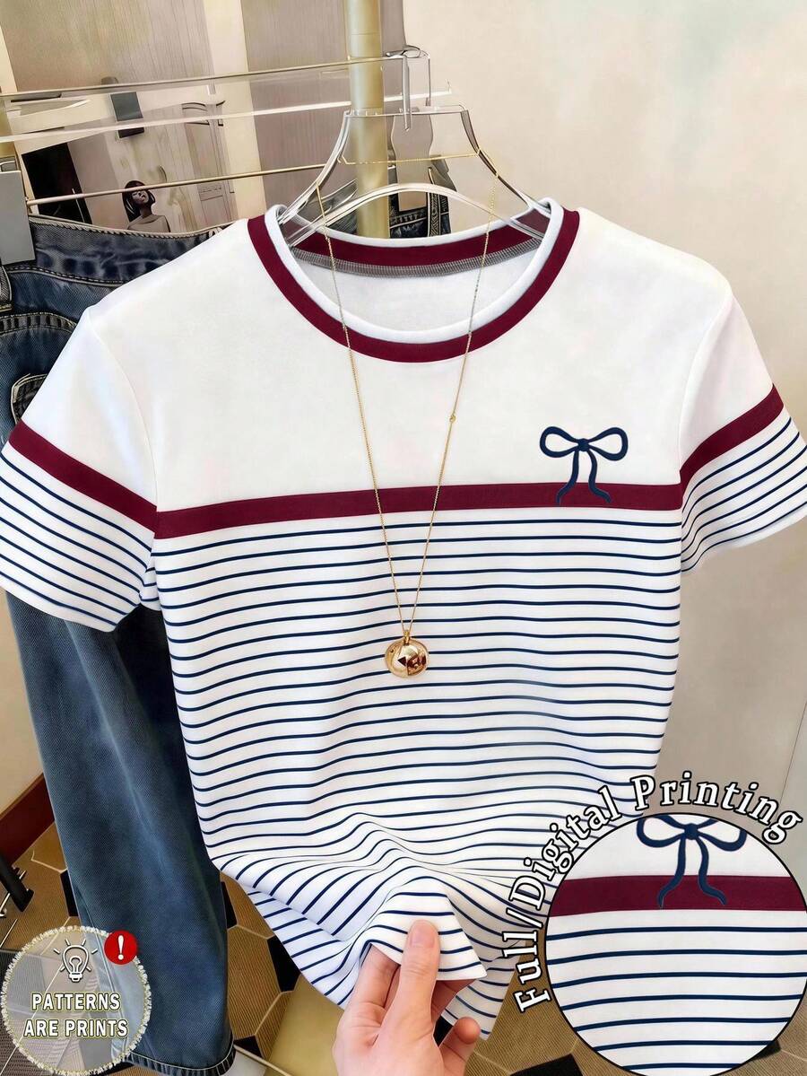 Tween Girls Casual Comfortable Fashion Minimalist Versatile Personalized Striped Bow Pattern Print T-Shirt Casual Style Spring Summer Short Sleeve T-Shirt Striped Contrast Color Slim Fit Top Daily Wear Suitable For Spring Summer Autumn Tops - Multicolor - View 1