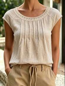 SHEIN LUNE Women's Casual Comfortable Round Neck Cap Sleeve Blouse, Summer - Apricot - View 4