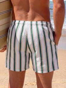 CoralVoy Pantalones cortos de playa con bloques de color y rayas para hombres - Verde Oscuro - Ver 2