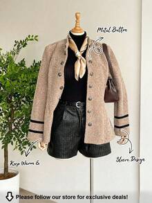 SHEIN LUNE Plus Size Khaki Elegant Formal Summer Fashionable Vintage Double-Breasted Blazer,Office Siren Style Winter Fall Women Cozy Daily Wear Holiday Party - Camel - View 1