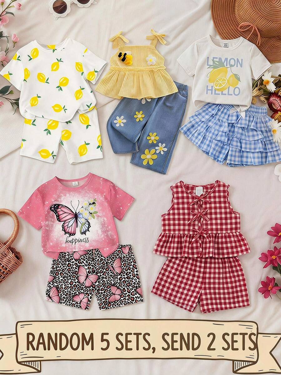 SHEIN 少女可愛印花短袖T恤與短褲休閒套裝 - 彩色 - 查看 1