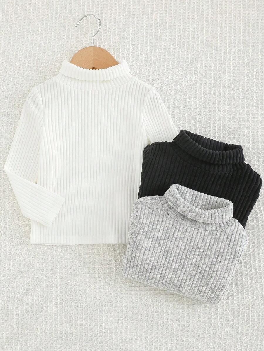 SHEIN 3pcs Young Boys' Knitted High Neck Solid Color T-Shirts, Casual & Comfortable Wardrobe For Fall - Multicolor - View 1