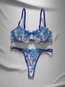 EmpressEnvy Women's Floral Embroidery Bra & Panty Underwear Lingerie Set - Blue - View 1