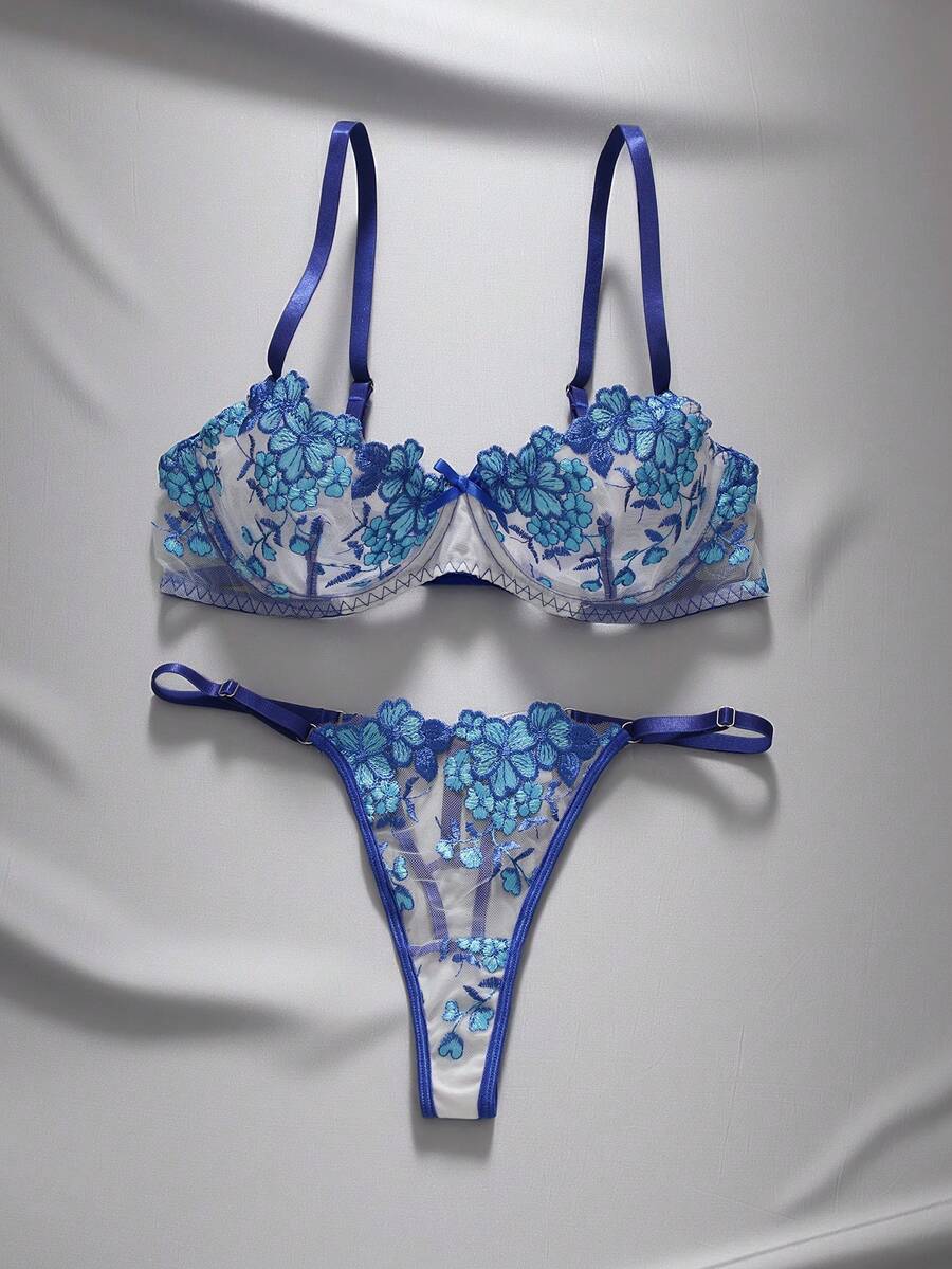EmpressEnvy Women's Floral Embroidery Bra & Panty Underwear Lingerie Set - Blue - View 1