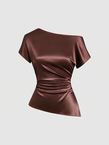 Sweetra Summer New Fashion Design French Elegant Satin-Feel Asymmetric Shoulder Waist Pleat Cinched Cinched Waist Hem Split Asymmetrical Women's Pink Blouse Elegant Commute - Brown - View 3