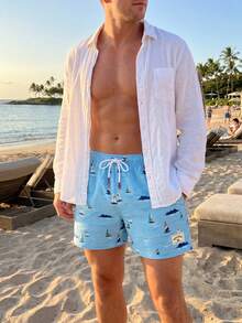 Manfinity Swimmode 男士帆船印花抽繩腰口袋沙灘短褲 - 藍色 - 查看 3