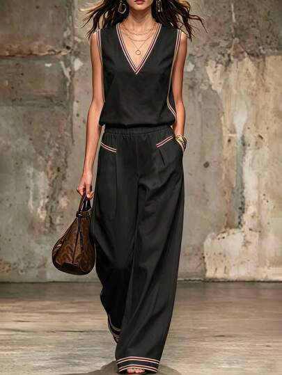 LUMIGAL Black V-Neck Contrast Striped Trim Sleeveless Tank Top + Matching High-Waisted Elastic Waist Wide Leg Pants Women's 2 Pieces Set Travel Summer Casual