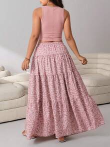 Solflare Casual Light Pink Dusty Pink Plus Size Women's Round Neck Tank Top And Ditsy Floral Skirt 2-Piece Set Beach Vacation Summer - Pink - View 2