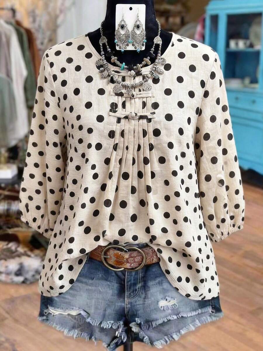 Linhara Plus Size Women's Ruffle Collar Polka Dot Puff Sleeve Blouse, Casual & Comfortable - Apricot - View 1
