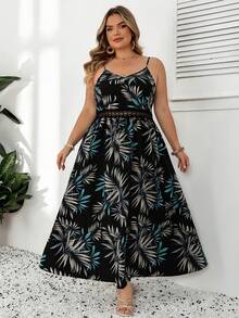 SHEIN CURVE+ Plus Size Women's Summer Beach Vacation Tropical Print Contrast Lace Spaghetti Strap Dress, Summer Dresses For Women - Multicolor - View 8
