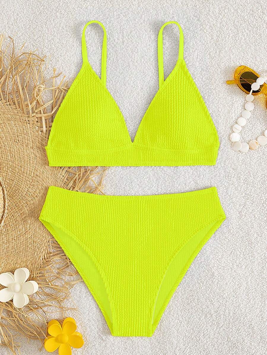 SHEIN Conjunto de traje de baño verde neón para vacaciones en la playa para niña preadolescente - Amarillo - Ver 1