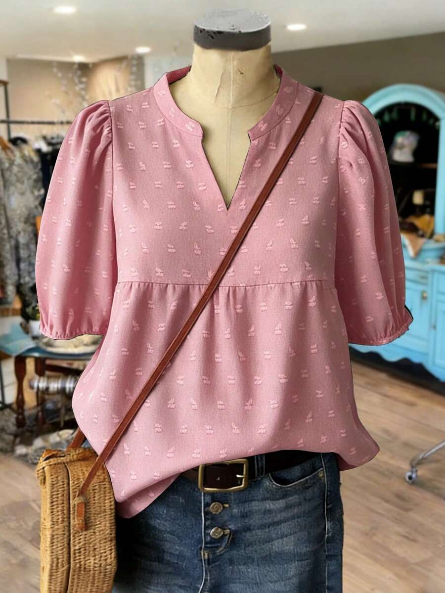 Linhara Plus Size Women Floral Print Notch V-Neck Puff Sleeve Casual Blouse,Valentine Fall - Dusty Pink - View 1