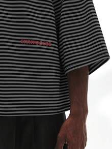 STYNVO 男士夏季休閒條紋落肩寬鬆版型T恤 - 黑色 - 查看 5