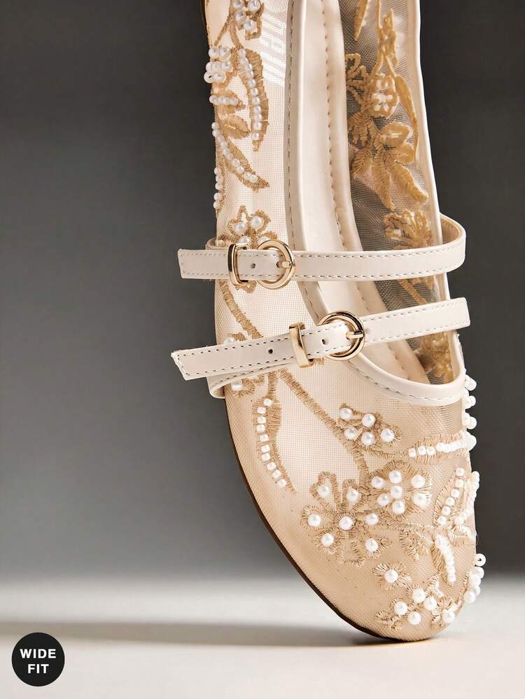 SHUZIA Women's Wide-Fit Elegant Embroidery Pearl Decor Ballet Flats - Apricot - View 7