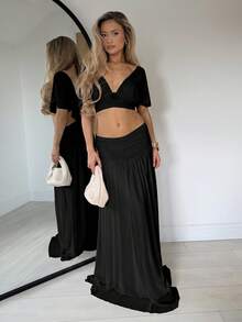 TRNVIE Fashionable Spring/Summer White Apricot V-Neck Mesh Top And Long Skirt Women's Two Pieces Set - Black - View 5
