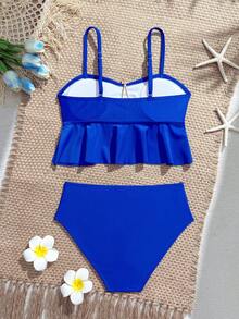 SHEIN Conjunto de traje de baño de dos piezas para niña preadolescente con top tankini de unicolor con decoración de estrella de mar y volantes y Bottom de bikini triangular, adecuado para vacaciones de verano y playa - azul real - Ver 2