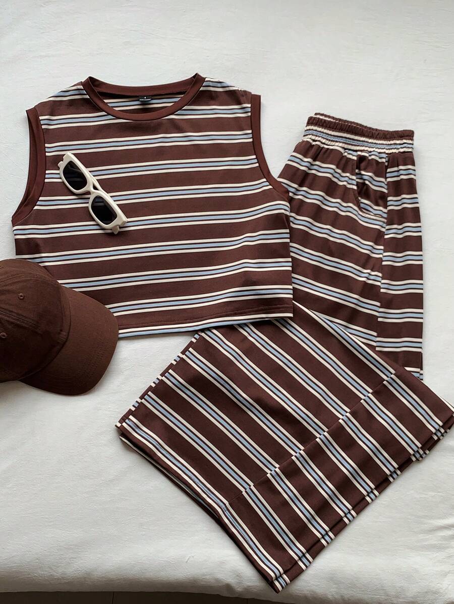 Comfortcana Women's Round Neck Brown Striped Colorblock Top And Long Pants Casual Daily Set Gym Summer - Brown - View 1