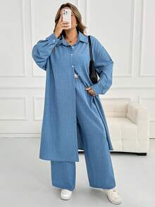 SHEIN CURVE+ 大尺碼女款單排扣素色長袖開襟外套與長褲休閒日常2件套 - 藍色 - 查看 4