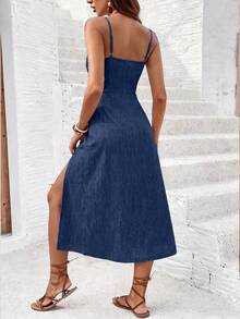 SHEIN Frenchy Women's Solid Color Pleated Split Design Casual Date Party Midi Slip Dress - Navy Blue - View 2