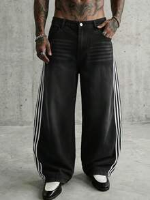 FRESIVO Men's Elastic Waist Side Stripe Loose Fit Fashionable Jeans - Black - View 8