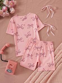 女童夏季短袖上衣與短褲緊身居家服套裝，蝴蝶結與線條印花上衣 + 全身印花短褲 2件組，大童女孩休閒舒適緊身睡衣，可愛蝴蝶結粉色圖案女童居家服套裝 - 粉色 - 查看 2