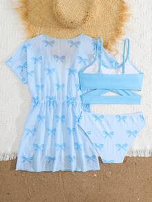 SHEIN Tween女孩海灘度假蝴蝶結印花交叉設計泳衣套裝，附和服式罩衫（隨機印花） - 藍色 - 查看 2