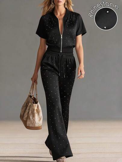 Balvessa Women's Black Set, Including A Loose Short Baseball Collar Jacket And Loose Casual Straight Leg Pants With Elastic Waist And Drawstring, Sparkling Rhinestone Decoration, Simple, Fashion Casual Commuter Outfit, Business Office Wear