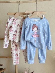 SHEIN LMoss Kids 女童針織可愛女孩圖案圓領T恤+長褲修身居家服4件套，磨毛加厚面料，適合秋冬 - 彩色 - 查看 8