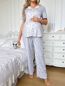 Moonlight&Mama Moonlight Mama Spring/Summer Basic Cute Casual Fashion Heart Print Lapel Bow Decor Short Sleeve Pants Maternity Loungewear Set Lounge Prom Light Blue - Grey - View 1