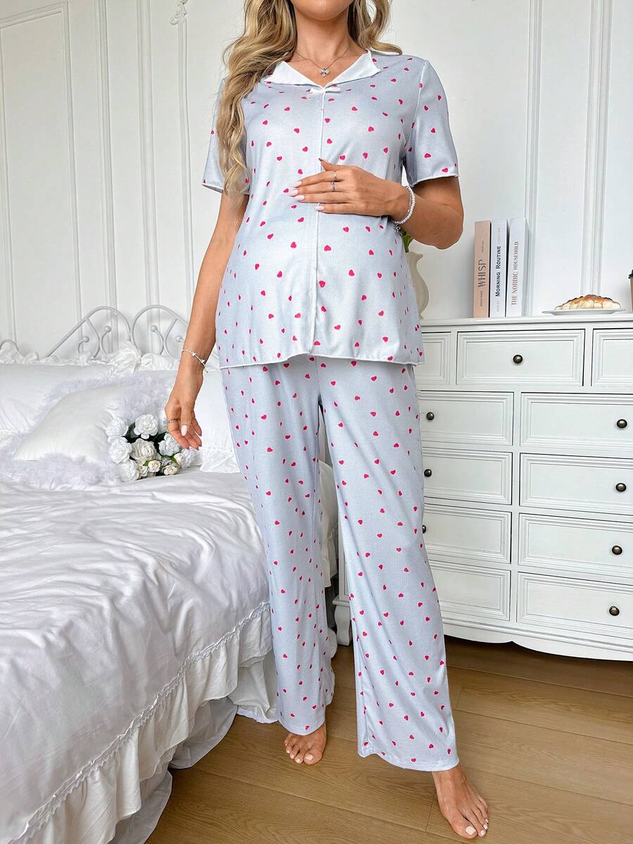 Moonlight&Mama Moonlight Mama Spring/Summer Basic Cute Casual Fashion Heart Print Lapel Bow Decor Short Sleeve Pants Maternity Loungewear Set Lounge Prom Light Blue - Grey - View 1