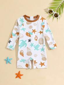 SHEIN 婴儿拉链泳衣，海洋生物鲨鱼印花。夏季海滩度假必备时尚单品。长袖设计，蓝色撞色，可爱的鲨鱼和海洋生物卡通图案。生动活泼。适合可爱的男宝宝在海滩玩耍时穿着。 - 彩色 - 查看 6