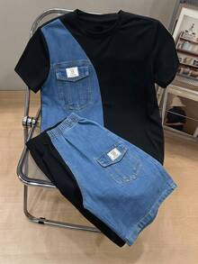 SHEIN 2件組兒童青少年男孩夏季休閒牛仔拼接黑色上衣 & 牛仔拼接短褲套裝，男孩服裝適合開學穿搭、校服、開學服裝 - 黑色 - 查看 3