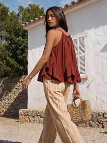 Nöista Brown Double-Strap Cami Top With Ruffle Hem. Summer, Fall, Resort, Going Out, Party Style. - Chocolate Brown - View 6