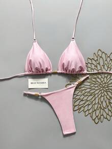 Swim Mod Setelan Baju Renang Dua Potong Wanita Musim Panas Warna Polos Model Halter Neck Seksi Modis - Berwarna merah muda - View 2