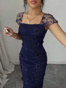 Selianne 春夏女款優雅浪漫網紗刺繡3D花卉抓皺腰中長洋裝，適合婚禮季、派對、約會、購物等多種場合 - 藏蓝色 - 查看 6