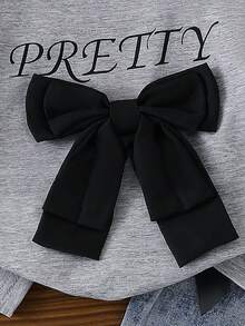 SHEIN Playful Pals 嬰幼兒女童灰色針織短袖T恤 PRETIY 字母印花 3D 蝴蝶結上衣 藍色長褲 蝴蝶結套裝 時尚女童休閒蝴蝶結休閒服 - 灰色 - 查看 9