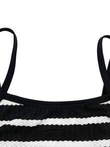 SHEIN Girlism 青少年女孩/小女孩夏季新款紋理黑白條紋細肩帶洋裝，休閒日常時尚百搭復古街頭風，適合姐妹拍照、公園、露營、旅行、派對 - 黑與白 - 查看 7