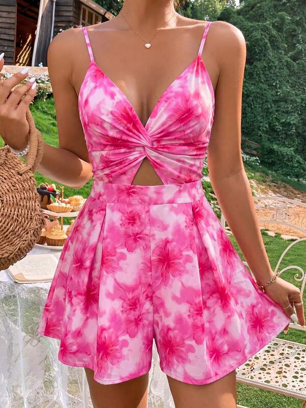 Allurite Women's Floral Print Twist Design Camisole Romper