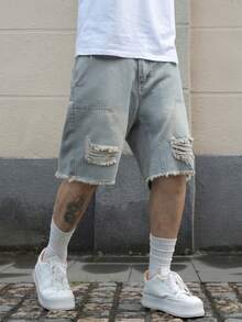 Manfinity EMRG Quần short denim Bermuda dáng rộng, viền thô, có túi dành cho nam, quần short jean rách dành cho nam - Rửa nhẹ - Xem 3