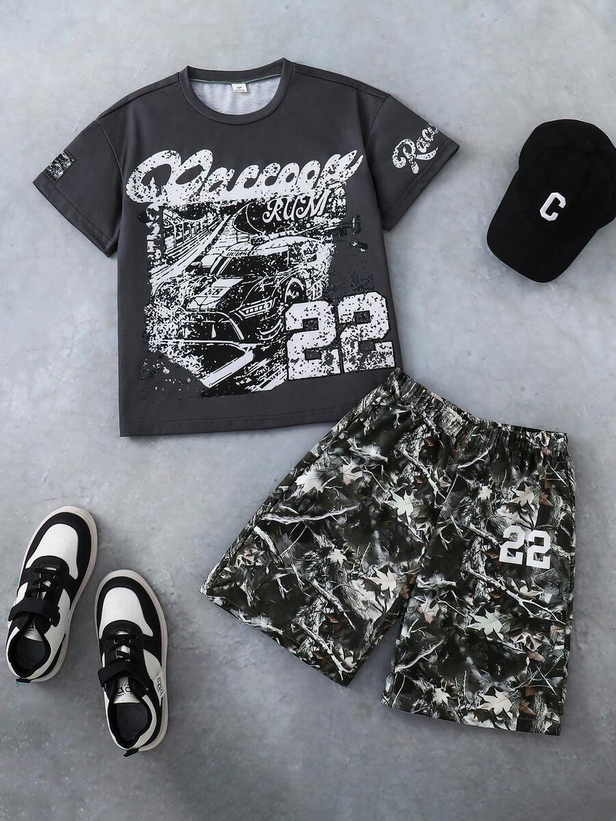 SHEIN Coolqubz 男童 (大號) 2件套,夏季新款美式復古街頭風迷彩短褲 2件套 - 灰色 - 查看 1