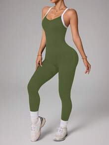 SHEIN Dewbera 女款無縫交叉肩帶拼色跑步運動連身褲 - 綠色 - 查看 6