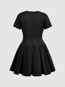 SHEIN MOD Plus Size Pleated Mini Short Sleeve Dress Formal Black Summer Elegant - Black - View 7