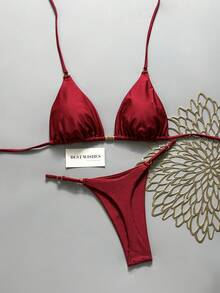 Swim Vcay 女款夏季海灘素色掛脖綁帶性感比基尼三角泳褲兩件式泳衣套裝 - 紅色 - 查看 1